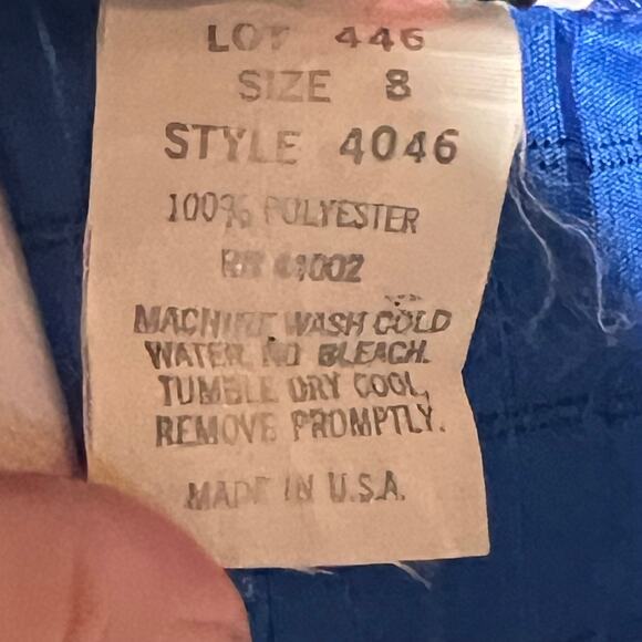 Vintage 80s Kings Row Blue Shirred Satin Stripe Dress Back Zip Shoulder Pads - Picture 9 of 10